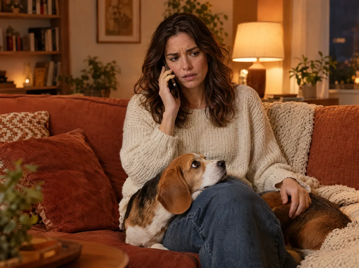 A worried pet owner on the phone at home in the evening, her beagle resting in her lap