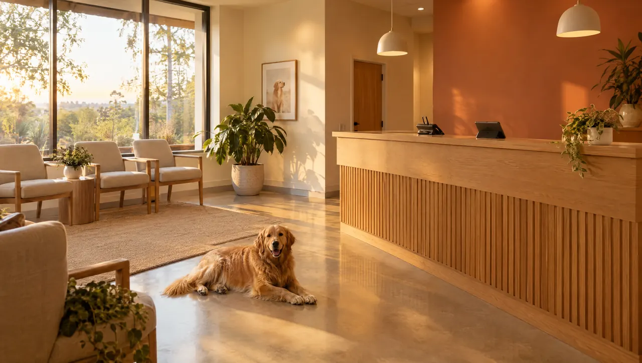 A golden retriever resting on the floor of a warm, sunlit vet clinic reception with an oak front desk