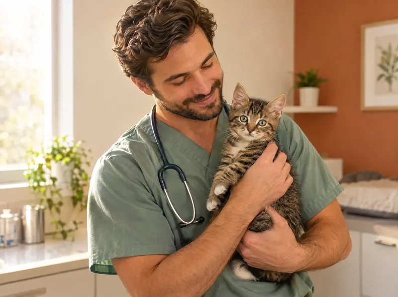 A veterinarian gently cradling a tabby kitten