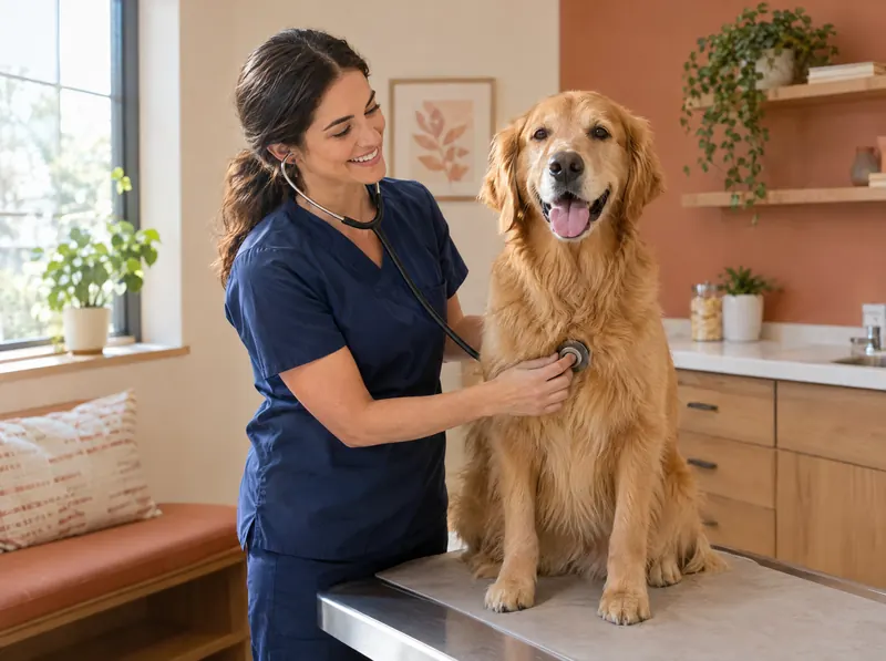 A smiling veterinarian listening to a happy golden retriever with a stethoscope